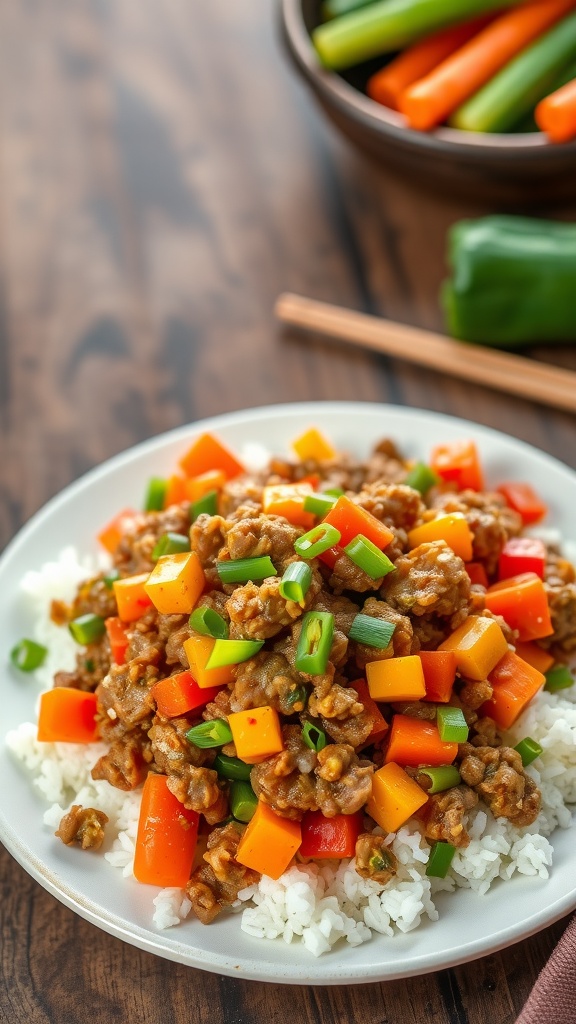 Savory pork giniling stir-fry with ground pork, carrots, bell peppers, and peas served over rice.